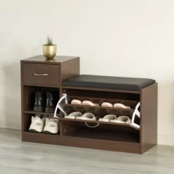 Basicwise Wooden Entryway Shoe Storage Bench With Cushion, Brown -Home Series Shop GUEST 03fccf4b 7a39 4ab4 9df5 ed55585ecfb6