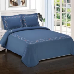 Traditional Floral 200-Thread Count Cotton Shabby-Chic Embroidered Classic 3-Piece Duvet Cover Set With Matching Pillowshams By Blue Nile Mills