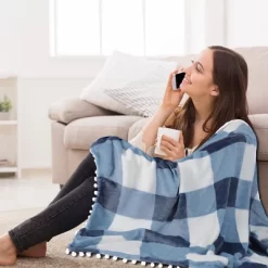 PiccoCasa Flannel Pom-Pom Tartan Checkered Fleece Throw Blanket 1Pc