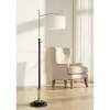 Possini Euro Design Modern Downbridge Floor Lamp 64" Tall Black Brass Metal Linen Drum Shade For Living Room Reading Bedroom Home