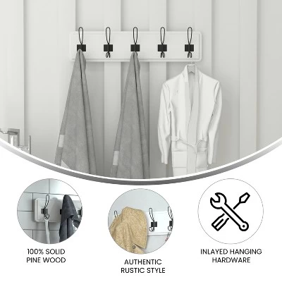 Flash Furniture Daly Wall Mounted 24 Inch Solid White Solid Pine Wood Storage Rack With 5 Hooks For Entryway, Kitchen, Bathroom 5 Flash Furniture Daly Wall Mounted 24 Inch Solid White Solid Pine Wood Storage Rack With 5 Hooks For Entryway, Kitchen, Bathroom - Image 5