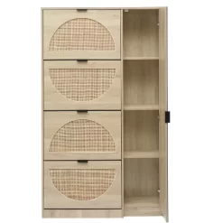 Ari 63.9" H Modern Space-Saving Shoe Rack Storage Cabinet With Rattan And Mirror Doors For 24 Pairs And 4 Flip Down Drawers -Maison Boucle -Home Series Shop GUEST 41b87af1 aad3 4656 b0cc 18fa7979237e