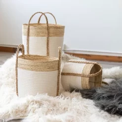 Set Of 3 Baskets White Seagrass & Cotton Rope By Foreside Home & Garden