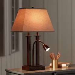 Possini Euro Design Deacon Modern Desk Table Lamp 26" High Bronze With USB And AC Power Outlet In Base LED Reading Light Oatmeal Shade For Office Desk -Home Series Shop GUEST 4daaab3b 6752 42dd 99c9 227f801dc5e7