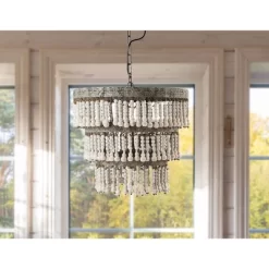 3-Tier Round Metal Chandelier With 3 Lights And Hanging Wood Beads Cream - Storied Home -Home Series Shop GUEST 519910dc 1efd 4a11 bb78 9259d59994b2