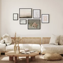 Americanflat 6 Piece Vintage Gallery Wall Art Set - Blush Roses, Hazy Beach, Pale Blossoms, Pink Silk Textile, Clouds By Maple + Oak