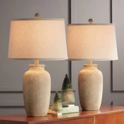 Regency Hill Rustic Farmhouse Table Lamps 25 1/2" High Set Of 2 Beige Oatmeal Fabric Drum Shades For Living Room Bedroom House -Home Series Shop GUEST 5d35d3e0 141f 4735 955b 664ac3c2b4e8