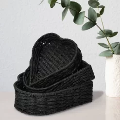 Household Essentials Set Of 3 Nesting Heart Baskets Paper Rope Black