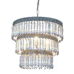 3-Tier Round Metal Chandelier With 3 Lights And Hanging Wood Beads Cream - Storied Home -Home Series Shop GUEST 6a647fc2 787f 4597 8567 2ec5e4e3f994