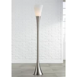 Possini Euro Design Piazza Modern Torchiere Floor Lamp 72 1/2" Tall Brushed Nickel Metal Frosted White Glass Shade For Living Room Bedroom Office Home