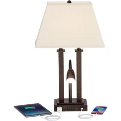 Possini Euro Design Deacon Modern Desk Table Lamp 26" High Bronze With USB And AC Power Outlet In Base LED Reading Light Oatmeal Shade For Office Desk -Home Series Shop GUEST 8f8004e9 1c35 45a7 b688 3afebc272735