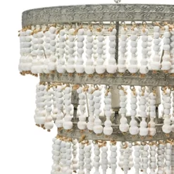 3-Tier Round Metal Chandelier With 3 Lights And Hanging Wood Beads Cream - Storied Home -Home Series Shop GUEST 925809b9 20be 4acd 8d3c aaced1ead81c