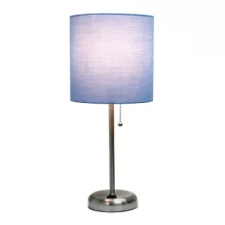 19.5" Bedside Power Outlet Base Metal Table Desk Lamp Brushed Steel With Fabric Shade Blue - Creekwood Home