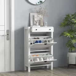 HOMCOM Shoe Storage Cabinet With 2 Flip Drawers, Adjustable Shelves And Top Drawer For 8 Pairs Of Shoes