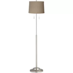360 Lighting Abba Modern Floor Lamp Standing 66" Tall Brushed Nickel Silver Metal Natural Linen Drum Shade For Living Room Bedroom Office House Home