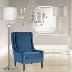 360 Lighting Modern Floor Lamp Standing 60 1/2" Tall Satin Steel Silver Crystal Off White Fabric Drum Shade For Living Room Bedroom Office House Home -Home Series Shop GUEST b4619c41 5d5a 45c1 aa3e 189c28c919cc