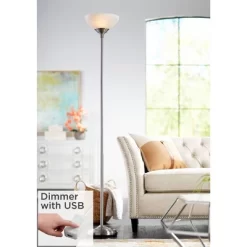 360 Lighting Modern Torchiere Floor Lamp With USB Charging Port 71” Tall Satin Nickel Alabaster Glass Shade Living Room Reading