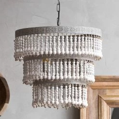 3-Tier Round Metal Chandelier With 3 Lights And Hanging Wood Beads Cream - Storied Home -Home Series Shop GUEST ca6d316d 5c26 47ed 87b0 d32c2d3c9e65