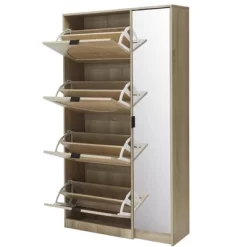 Ari 63.9" H Modern Space-Saving Shoe Rack Storage Cabinet With Rattan And Mirror Doors For 24 Pairs And 4 Flip Down Drawers -Maison Boucle -Home Series Shop GUEST e0674a66 69d2 433e 93a8 660dd6ee81f8