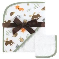 Hudson Baby Infant Boy Cotton Hooded Towel And Washcloth 2pc Set, Woodland, One Size