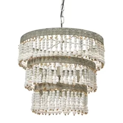 3-Tier Round Metal Chandelier With 3 Lights And Hanging Wood Beads Cream - Storied Home -Home Series Shop GUEST ef78814b 7f7f 4f26 b14a c79a2aab0197