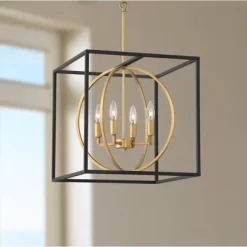 Possini Euro Design Black Warm Brass Cage Foyer Pendant Chandelier 16 1/2" Wide 4-Light Mid Century Modern For Dining Room House