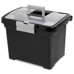 Sterilite Portable Lockable File Box W/ Extra Compartment, Built-In Handle & Titanium Gray Latches, Black Base & Clear Lid (4 Pack)