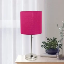 19.5" Bedside Power Outlet Base Metal Table Desk Lamp Brushed Steel With Fabric Shade Pink - Creekwood Home -Home Series Shop GUEST fb2c2e06 f585 4cd6 95c0 16c35cdb5b2e